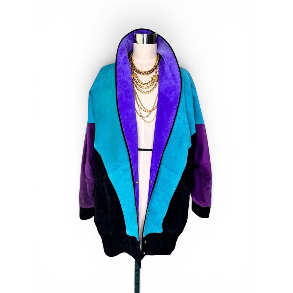 Rare Vintage Mary Hoffman Black, Teal, Purple Suede Color Block Suede Jacket M - Picture 5 of 11